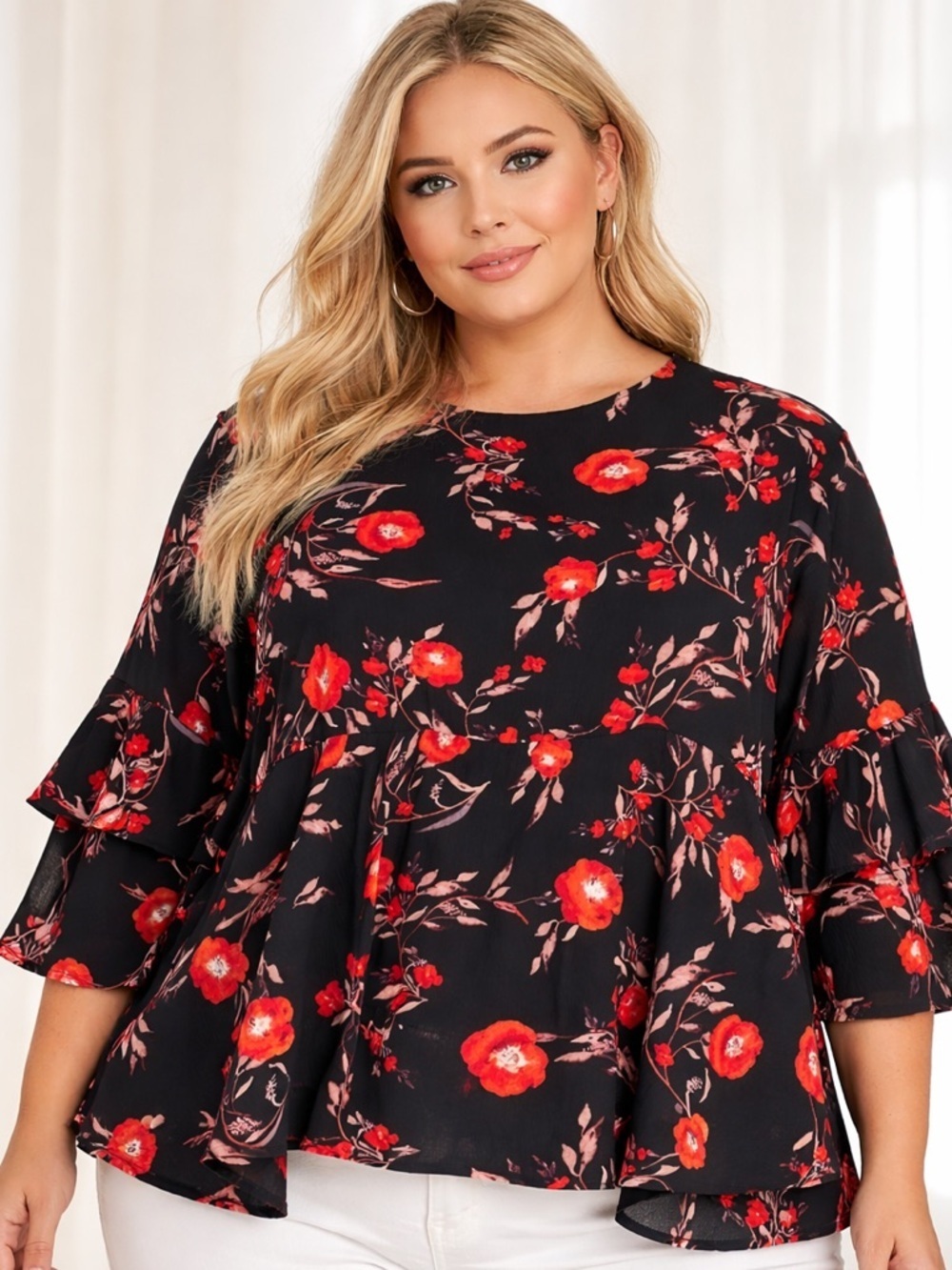 Gibson Red Flutter Sleeve Blouse with Ruffled Details (751)